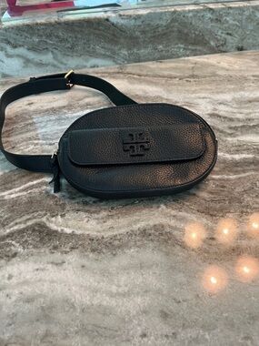 Tory Burch Black Pebbled Leather Oval Belt Bag with Logo